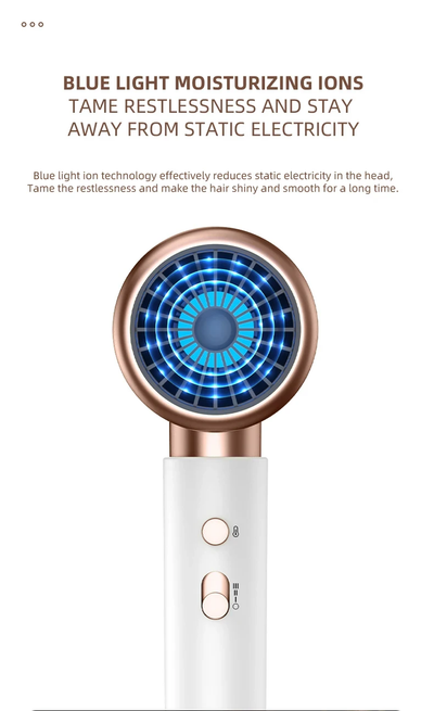 White professional hair dryer with rose gold accents, blue fan, and two control buttons, shown with a US 110V plug and a 360-degree rotating air collector nozzl - Image 28