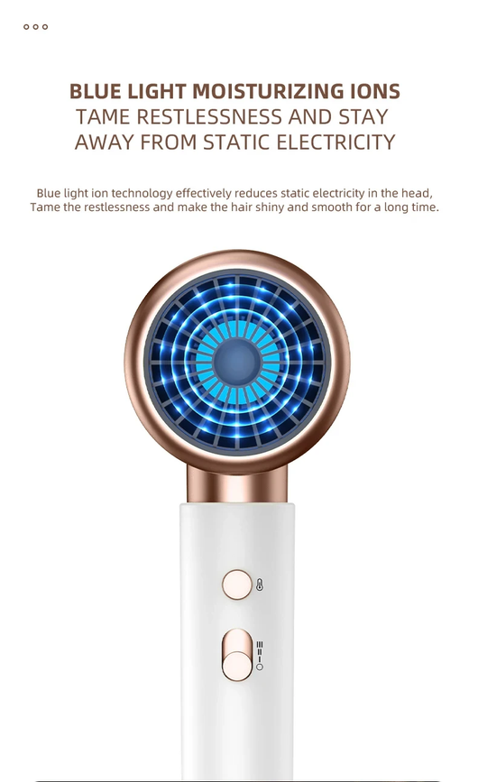 White professional hair dryer with rose gold accents, blue fan, and two control buttons, shown with a US 110V plug and a 360-degree rotating air collector nozzl - Image 28