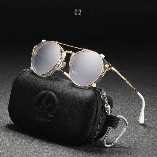 Round frame sunglasses with light blue mirrored lenses and a gold-tone metal frame, featuring a double bridge. - Image 2