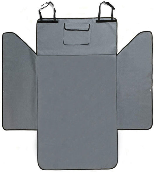 Black waterproof 600D Oxford cloth pet mat covering a vehicle's cargo area, featuring side flaps and a storage pocket. - Image 11