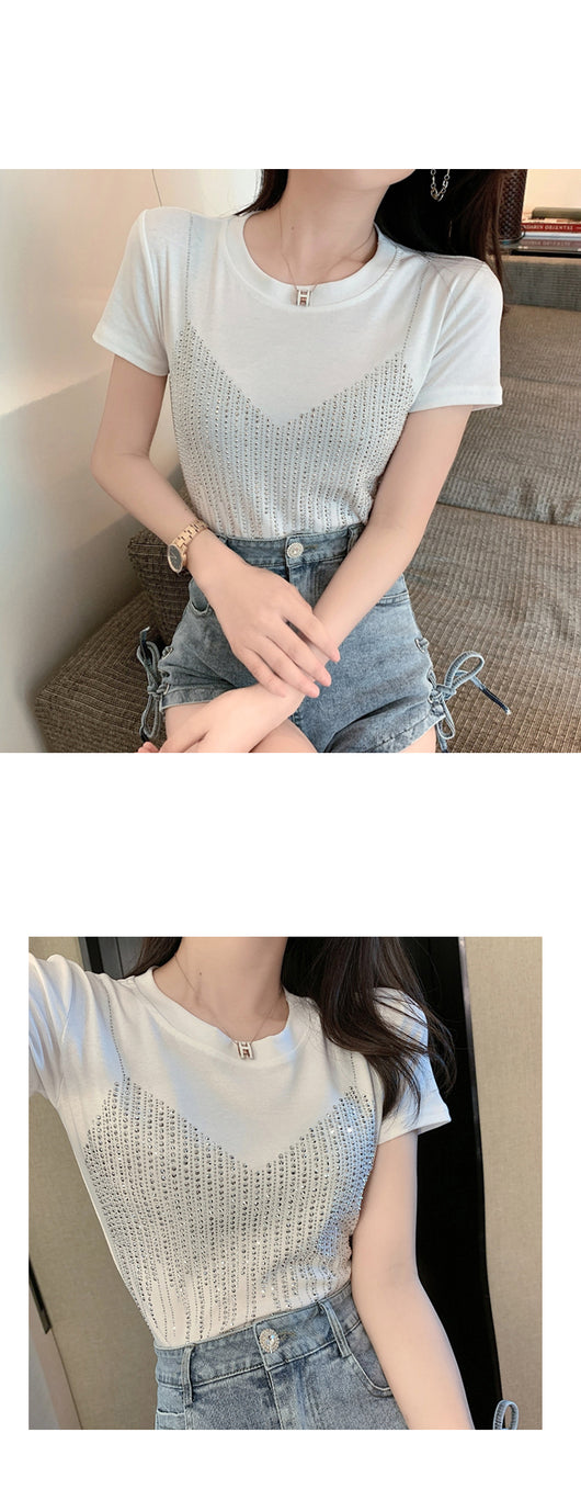 Blusa Elegante Diamante Temperamento Manga Corta Ajustada Mujer - Image 14