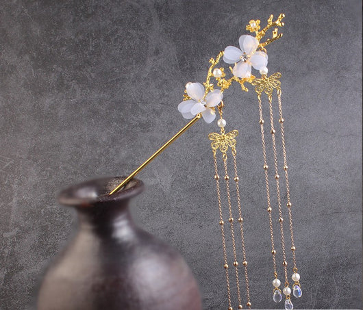 Horquilla Hanfu Flor de Cerezo Estilo Antiguo con Borla y Cristales Blancos - Image 11