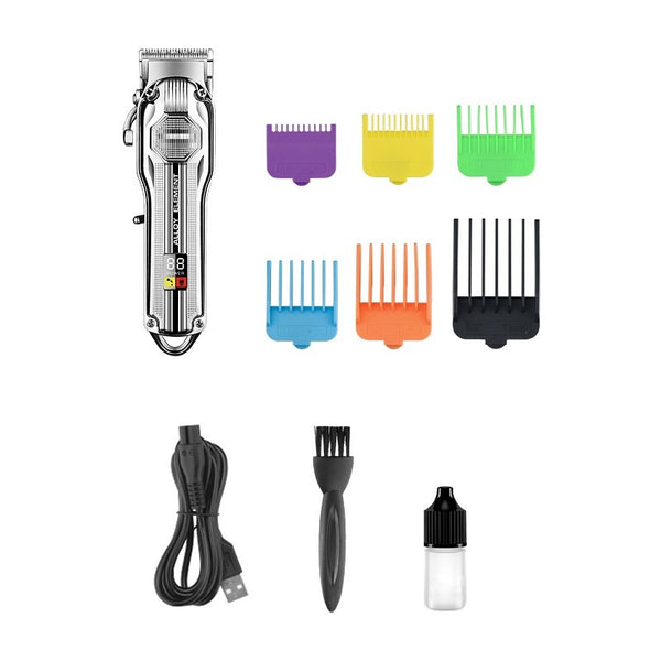 Silver electric hair clipper with LED display, six colorful guide combs, USB charging cable, cleaning brush, and oil. - Image 3