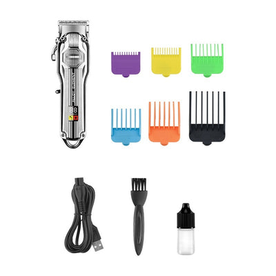 Silver electric hair clipper with LED display, six colorful guide combs, USB charging cable, cleaning brush, and oil. - Image 3