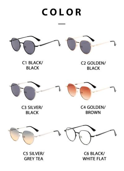 Round metal sunglasses with silver frames and dark gray lenses, featuring black temple tips, on a white background. - Image 25
