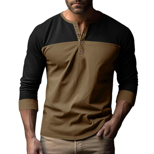 Camisa Casual de Cuello Henry con Combinación de Colores - Manga Larga Estilo Retro - Image 5