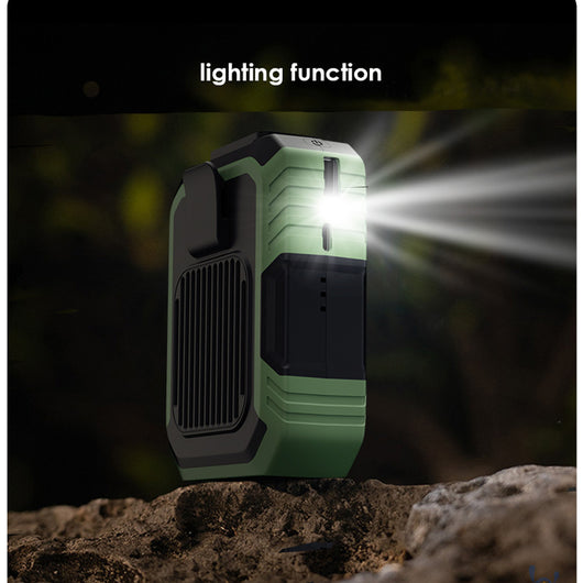 Green and black portable rechargeable mini fan with a clip, shown with a neck lanyard and fast charging cable. - Image 4