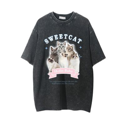Camiseta Estampado Gatito Efecto Desgastado Manga Corta para Hombre - Image 8