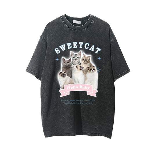 Camiseta Estampado Gatito Efecto Desgastado Manga Corta para Hombre - Image 8