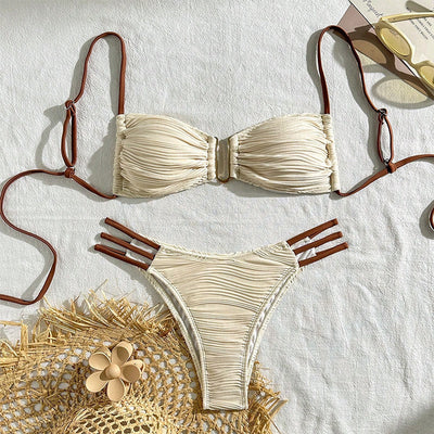 Neon green textured two-piece swimsuit with a bandeau top and high-cut bottom, featuring black straps and a gold clasp. - Image 16