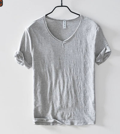 Camiseta Hombre Algodón Lino Manga Corta Cuello V Transpirable Blanca - Image 12