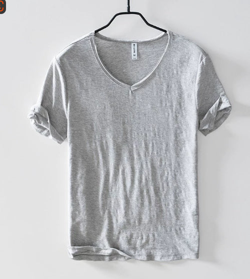 Camiseta Hombre Algodón Lino Manga Corta Cuello V Transpirable Blanca - Image 12