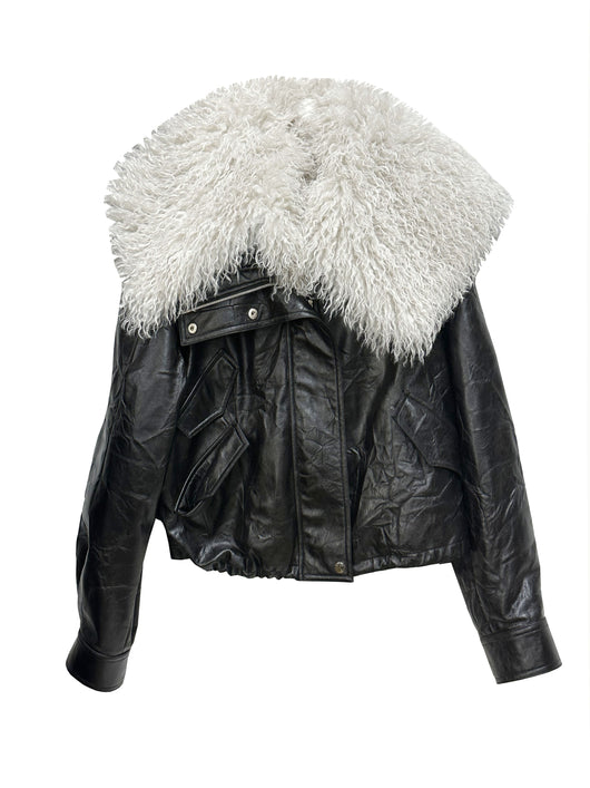Chaqueta de Cuero con Cuello de Pelaje Desmontable - Lujo Retro Minimalista - Image 11