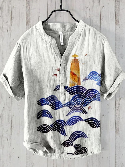 Camisa Lino Hombre Estampado Oceánico Manga Corta Suelta Casual - Image 7