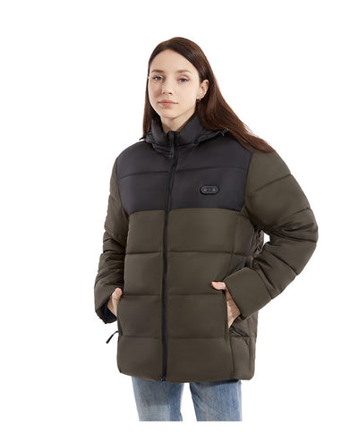 Man and woman modeling black smart heating puffer jackets with hoods, zippered pockets, and horizontal quilting. - Image 21