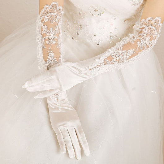 Guantes de Novia Satén y Encaje Bordado para Boda - Image 9