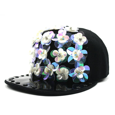 Gorra de Béisbol Hip Hop con Lentejuelas Florales y Visera Plana - Image 9