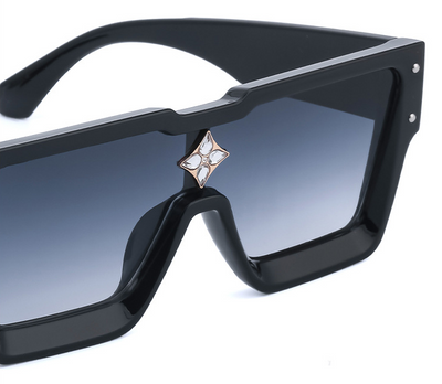 Black large frame square sunglasses with dark lenses and a gold star-shaped embellishment on the bridge. - Image 18