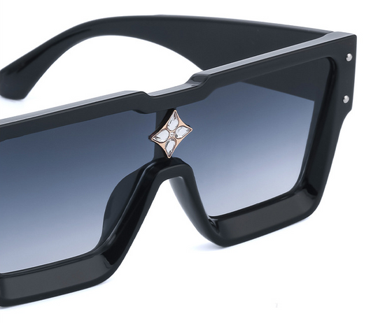 Black large frame square sunglasses with dark lenses and a gold star-shaped embellishment on the bridge. - Image 18
