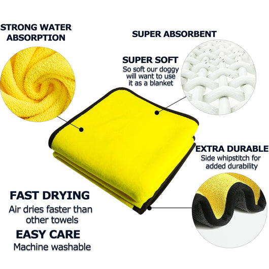 Yellow microfiber pet drying towel with black trim draped over a bathtub, with a golden retriever, poodle, and cat. - Image 8