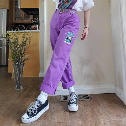 Calça Jeans Lilás Folgada de Cintura Média para Mulher