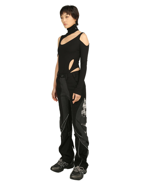 Casual Pants with Zipper and Plaid Stitching