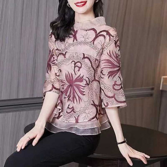 Blusa Estampada de Gasa Verano Diseño Elegante con Cobertura Estratégica para Mujer