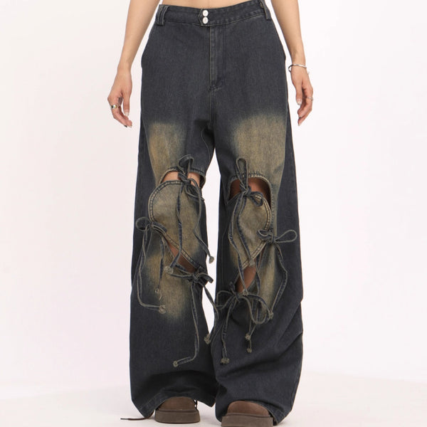 Pantalones Vaqueros Rotos con Cordones Cintura Alta Pierna Recta Mujer