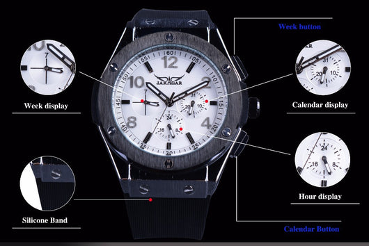 Reloj Automático Mecánico de Lujo Seis Agujas Esfera Blanca Correa Negra - Image 3