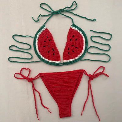 Handmade crocheted bikini with watermelon slice top in red, green, and white, and solid red tie-side bottoms. - Image 3