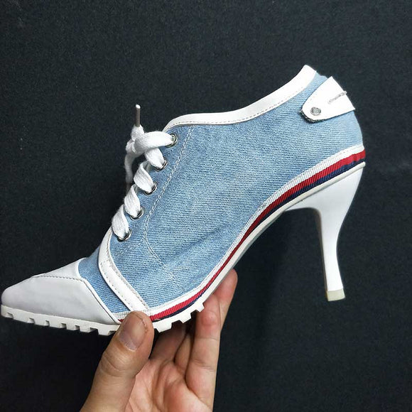 Zapatos de Tacón Stiletto Blanco con Cordones - Diseño Punta Amarilla Nicho Primavera