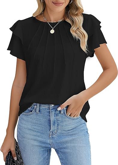 Blusa Ejecutiva Plisada de Manga Corta Cuello Redondo - Image 16