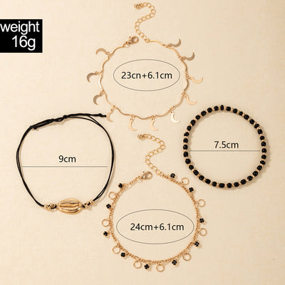 Pulsera Tobillera Multicapa con Perlas de Arroz y Concha - Juego de 4 Piezas Negro - Image 4