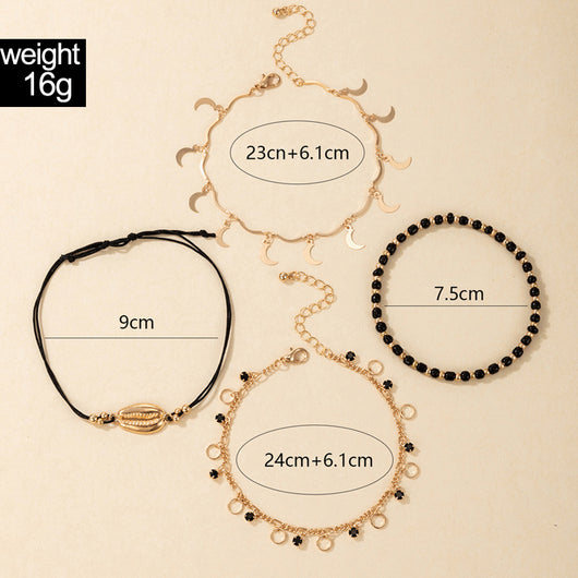 Pulsera Tobillera Multicapa con Perlas de Arroz y Concha - Juego de 4 Piezas Negro - Image 4