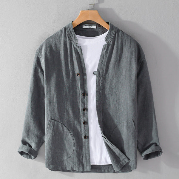 Camisa de Lino Ramio Suelta Casual con Cuello de Pie Estilo Nacional