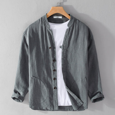 Camisa de Lino Ramio Suelta Casual con Cuello de Pie Estilo Nacional