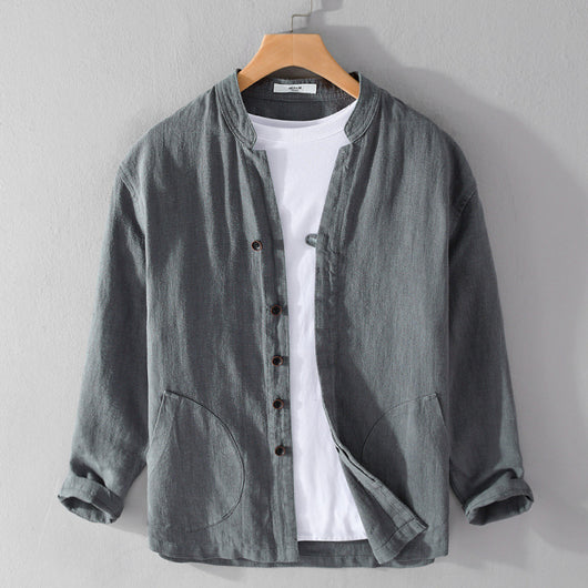 Camisa de Lino Ramio Suelta Casual con Cuello de Pie Estilo Nacional