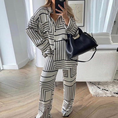 Conjunto de Dos Piezas: Blusa Satinada con Estampado Europeo y Americano para Mujer - Image 2