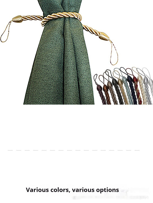 Four beige twisted rope curtain tie-backs with loops, shown with two silver screw-in hooks and on sheer white curtains. - Image 17