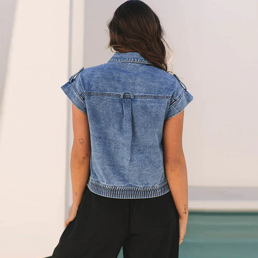Chaleco Denim Mujer Cuello Solapa Manga Corta - Estilo Casual Japonés