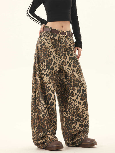 Pantalones Sueltos Talla Grande Estampado Leopardo Pierna Ancha Estilo Retro - Image 3