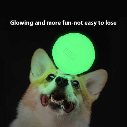 Three glowing green luminous rubber toy balls for dogs in small, medium, and large sizes, recommended for different dog breeds.