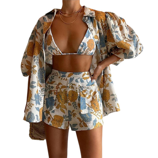 Conjunto de Tres Piezas: Chaleco, Blusa Estampada y Shorts para Mujer - Image 2