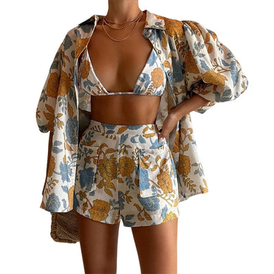 Conjunto de Tres Piezas: Chaleco, Blusa Estampada y Shorts para Mujer - Image 2