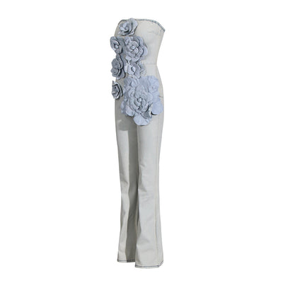 Jumpsuit Elegante de Cintura Alta con Flores 3D y Escote Tubo - Image 3
