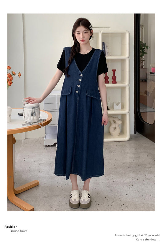 Conjunto de Dos Piezas: Falda Denim con Chaleco y Camiseta Base Talla Grande - Image 13