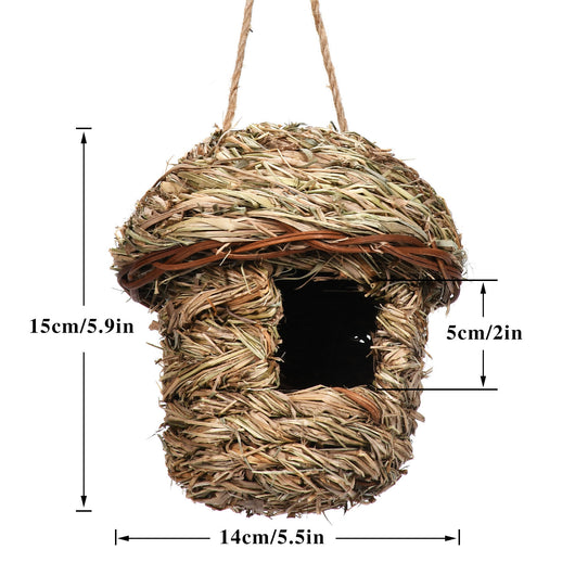 Handmade straw bird nest, house-shaped with a hanging rope, natural color, 15cm tall, 14cm wide. - Image 5