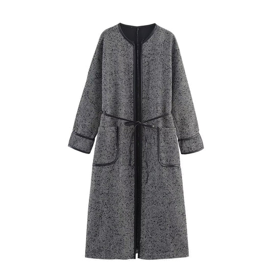 Abrigo Midi Elegante Estilo Británico con Diseño de Cintura de Encaje