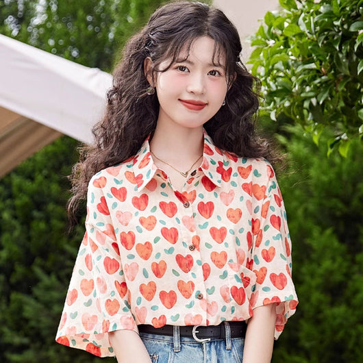 Blusa Retro Estilo Hong Kong con Estampado de Corazones para Mujer