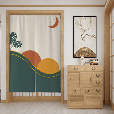 Modern fabric door curtain with abstract green mountains, a dancer silhouette, and a mustard yellow lower section. - Image 18